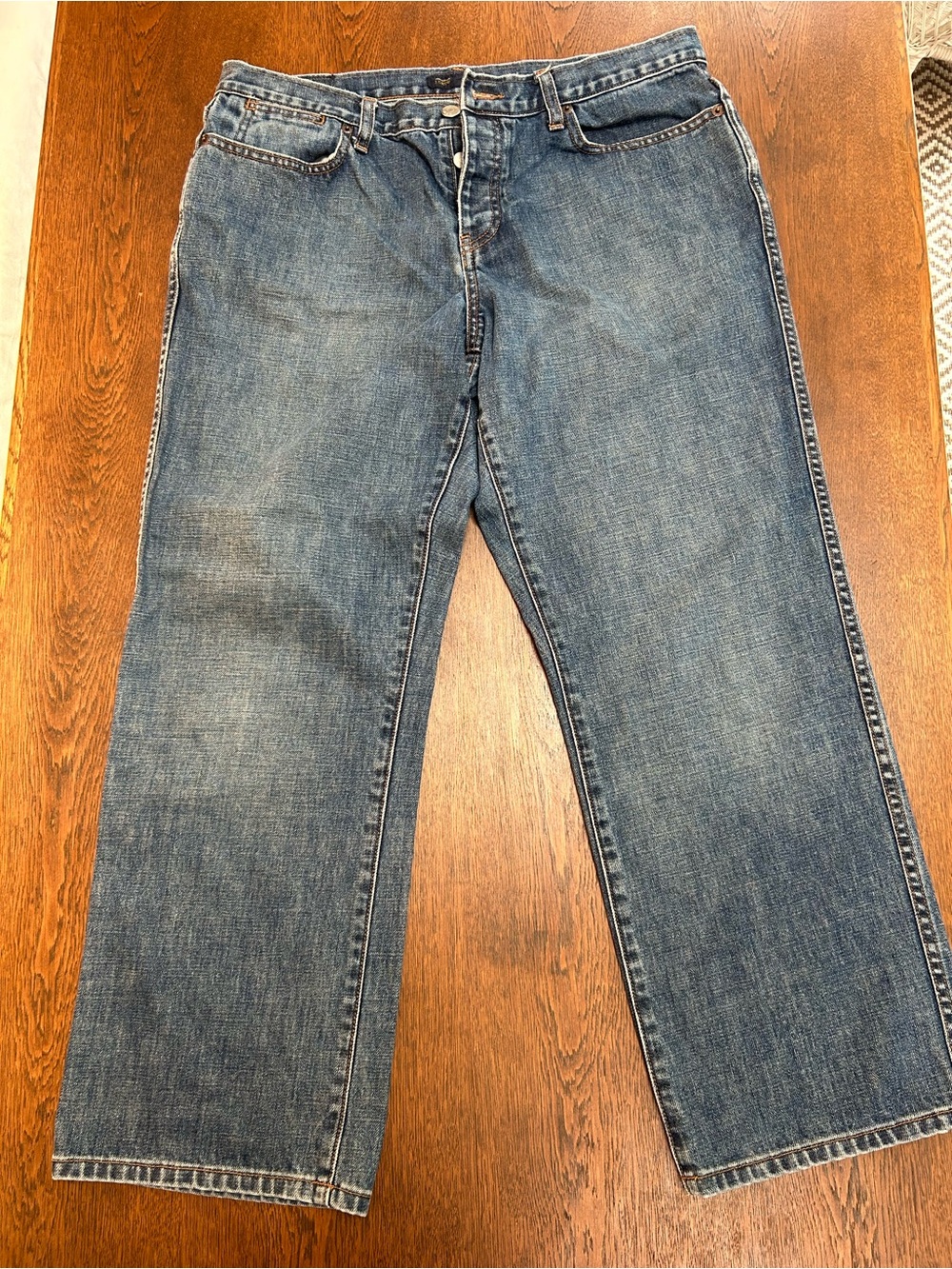 JCREW Classic 3 ButtonFly Straight Leg Blue Jeans, szP14. 5 pocket.Leather patch